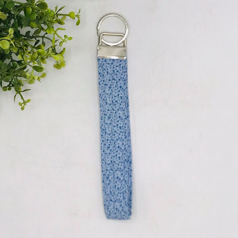 Handmade Wristlet Keychain Lt Blue Florals Stocking Stuffer 7.5 Inches